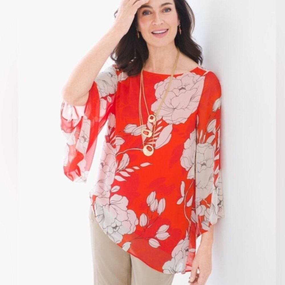 Chico's Contemporary Floral Chiffon Tunic Resortwear Beach Women's XL / 16 NWT - Picture 2 of 8